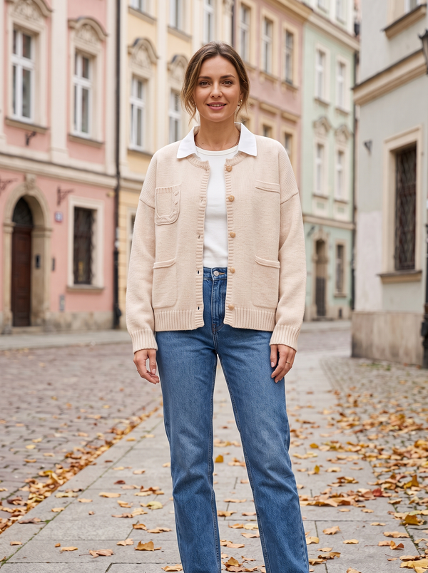 Kremowy kardigan damski z kontrastowym białym kołnierzykiem na modelce, cała sylwetka, jesienna ulica