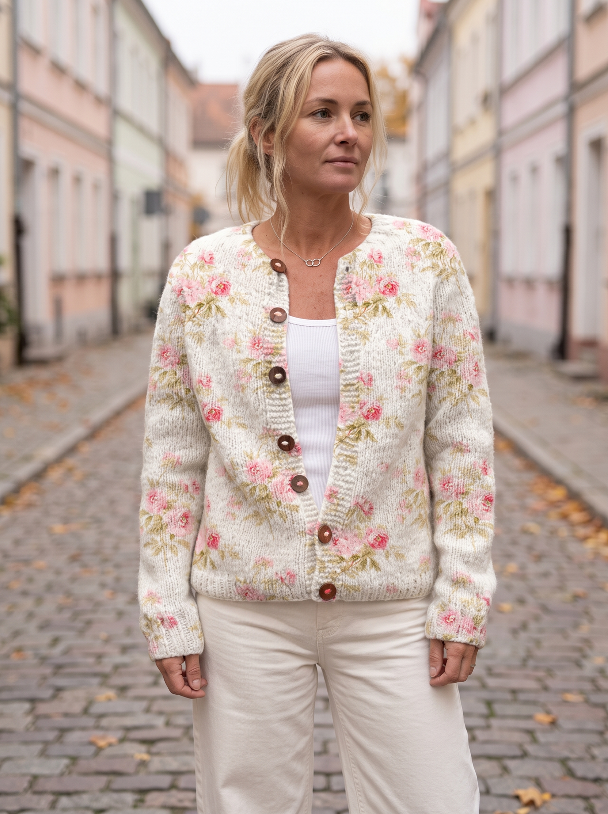 Kremowy kardigan damski w róże z drewnianymi guzikami na modelce, cała sylwetka, jesienna ulica