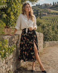 Czarna Kwiatowa Spódnica Midi A-Linia | Styl Retro 3