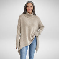 Sweter Damski Oversize z Golfem — asymetryczny Dół i Prążkowane Mankiety