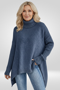 Sweter Damski Oversize z Golfem — asymetryczny Dół i Prążkowane Mankiety