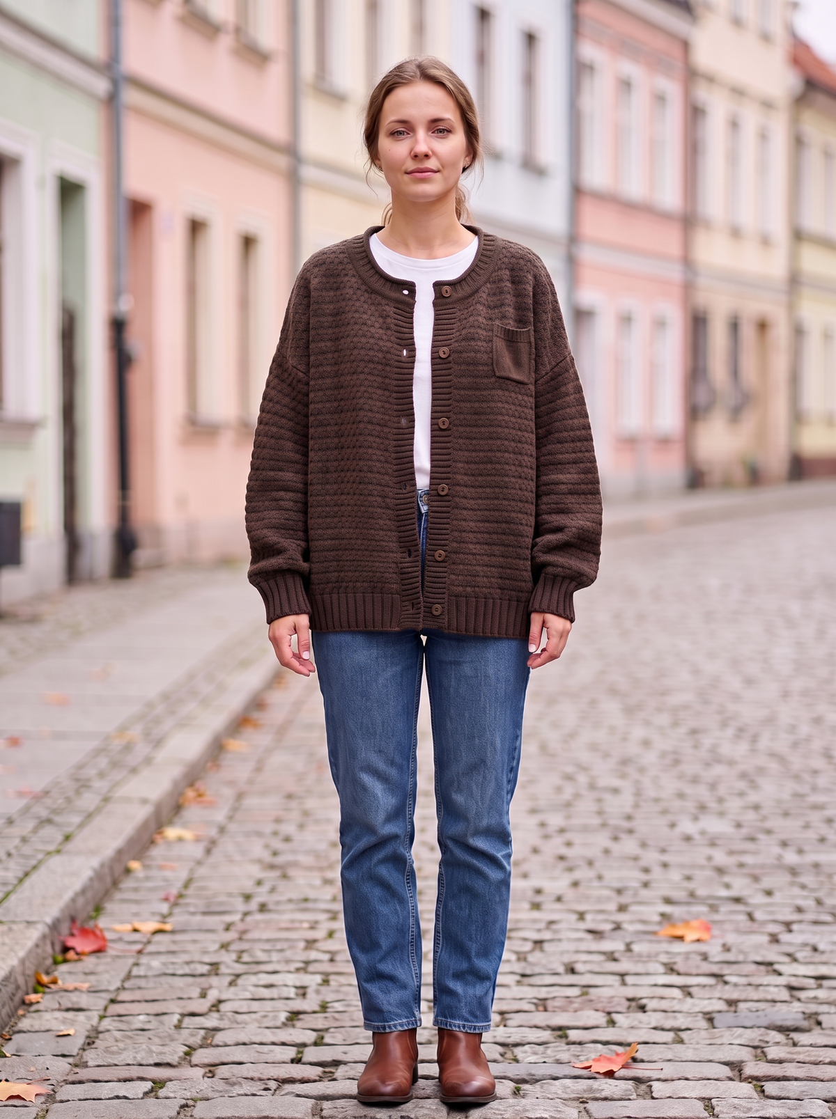 Rdzawy kardigan damski oversize na guziki, splot waflowy i naszywana kieszeń, na modelce, widok z przodu